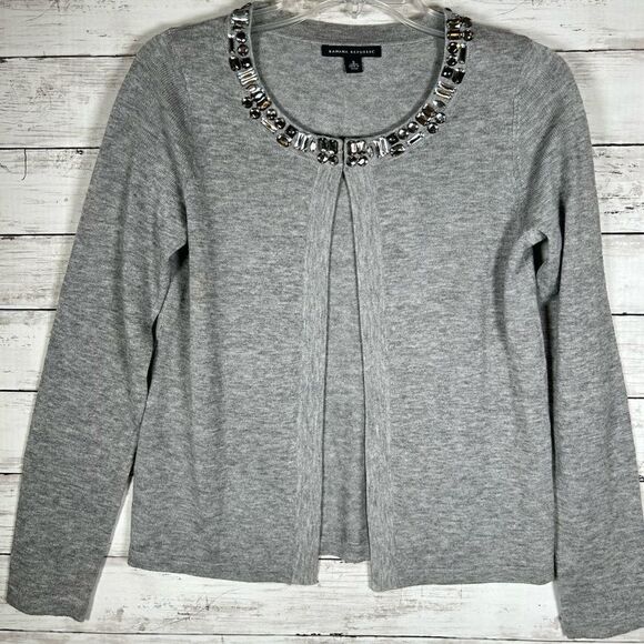 Banana Republic Jeweled Bling Collar Poly Wool Grey Open Cardigan Size S - Picture 2 of 9